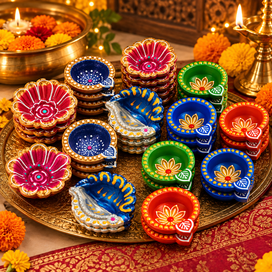 Pure Source India Handmade Terracotta Diya – Decorative Multicolor Clay Oil Lamp for Diwali, Pooja, Mandir & Festive Decor