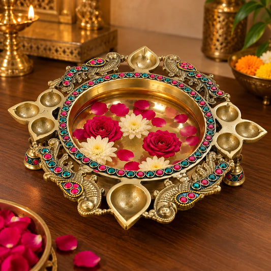 Pure Source India Heavy Brass Urli Bowl with Diya Holders & Hanging Bells, Traditional Indian Decorative Centerpiece, Floating Flower & Candle Bowl, Pooja Home Décor, 26.5 × 24 × 9 cm