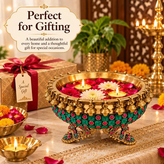 Pure Source India Premium Brass Urli Bowl for Home Décor, Indian Decorative Bowl with Embellished Design | Floating Flower & Candle Centerpiece for Diwali, Pooja, Weddings & Festive Décor