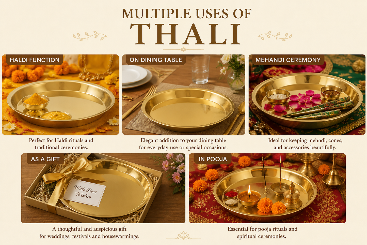Landslide Handmade Brass Thali for Puja (Gold, 10 Inch)