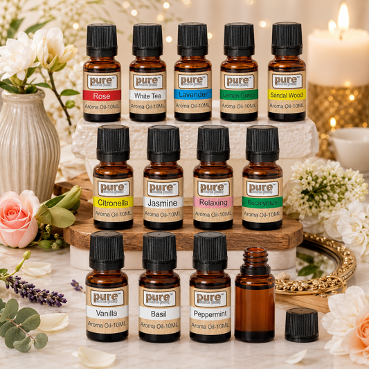 Pure Source India Aroma Essential Oil 12 In 1 Aroma Oil Pack (Lemon Grass; Lavender; Jasmine; Rose; Citronella; Eucalyptus; Peppermint; Sandal Wood; Relaxing; Vanilla; White Tea and Basil 10 ml Each)