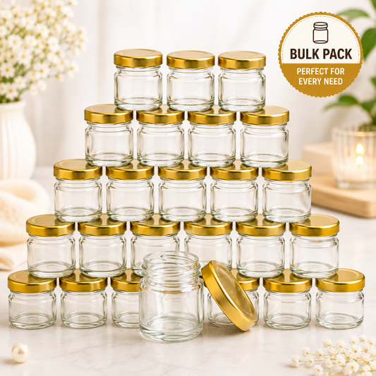 Pure Source India 20 Gram Mini Glass Jar with Gold Airtight Cap | Small Round Glass Jar for Candle, Balm, Scrub, Spices & Packaging | Bulk Order