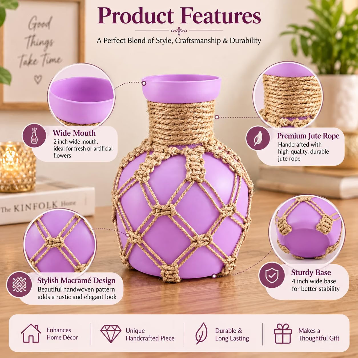 Pure Source India Decorative Purple Flower Vase with Macramé Rope Design | Tabletop Home Décor Vase for Living Room, Dining Table & Office
