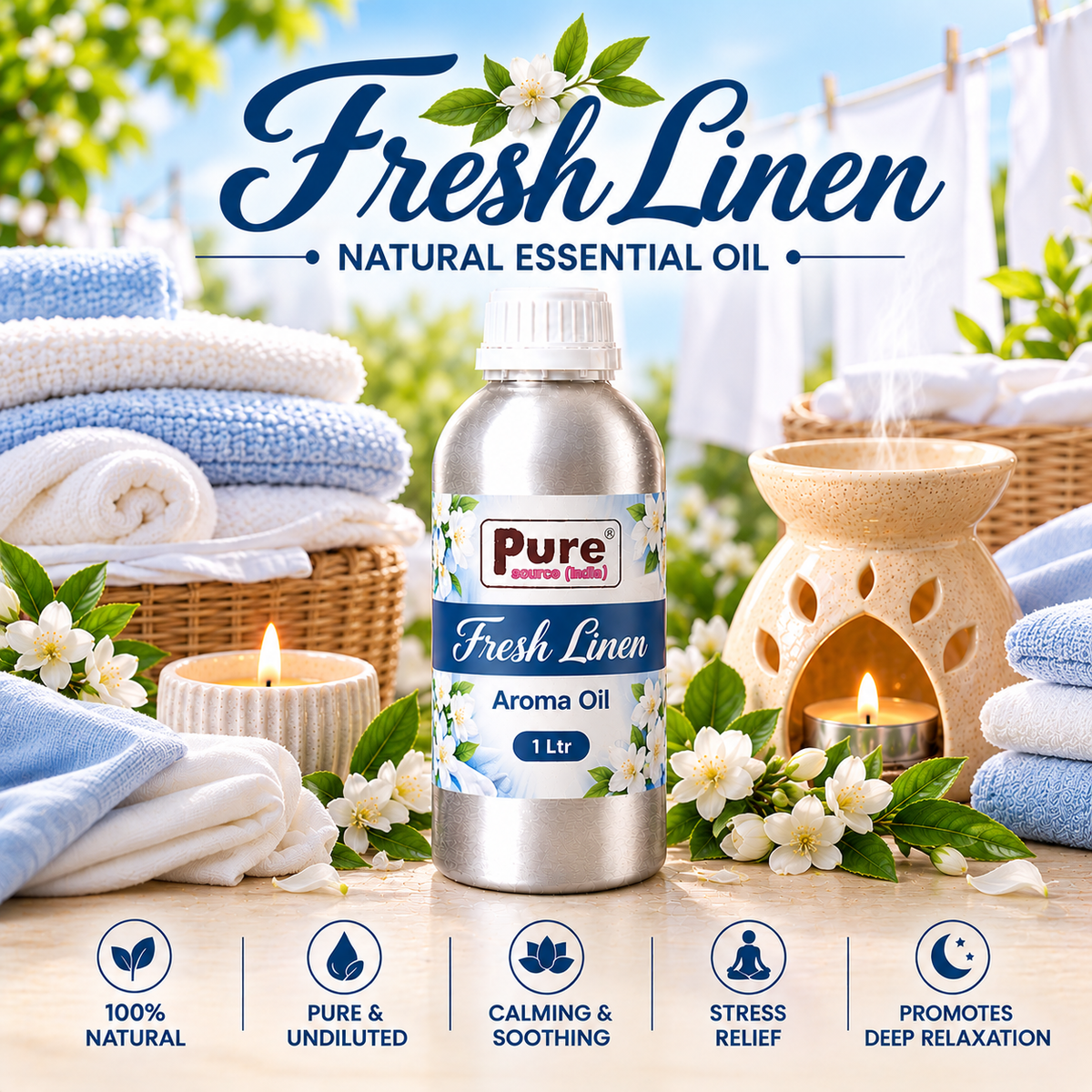Pure Source India Fresh Linen Aroma Oil | Premium Fragrance Oil for Diffuser, Aromatherapy, Meditation, Candles, Soap Making, Humidifier & Home Air Freshener