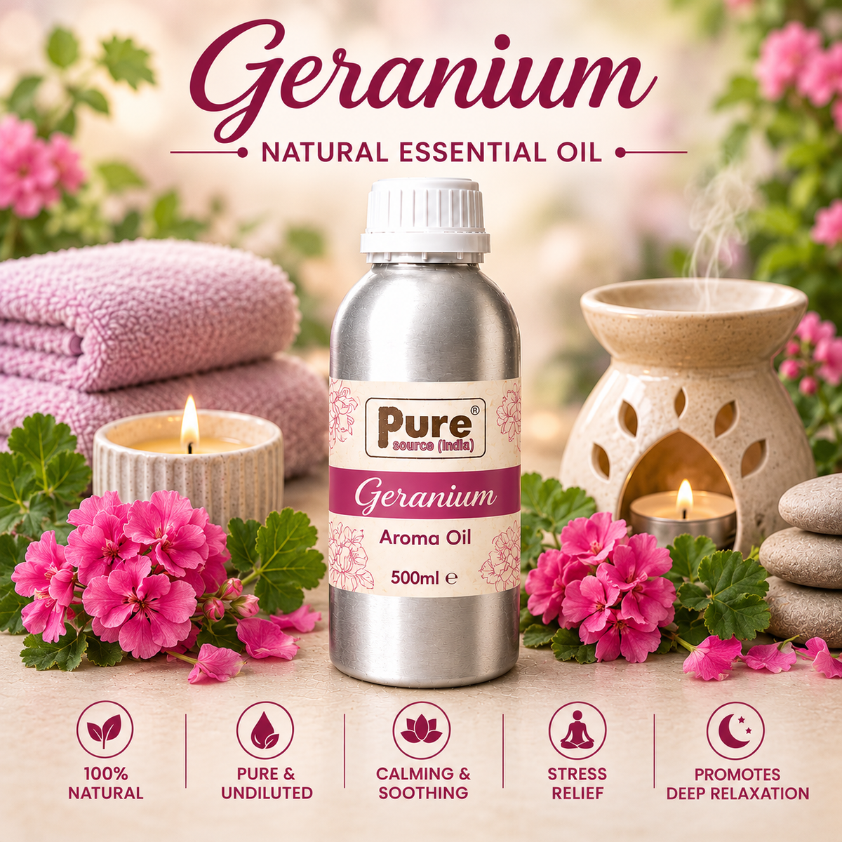 Pure Source India Geranium Aroma Oil | Premium Fragrance Oil for Diffuser, Aromatherapy, Meditation, Candles, Soap Making, Humidifier & Home Air Freshener