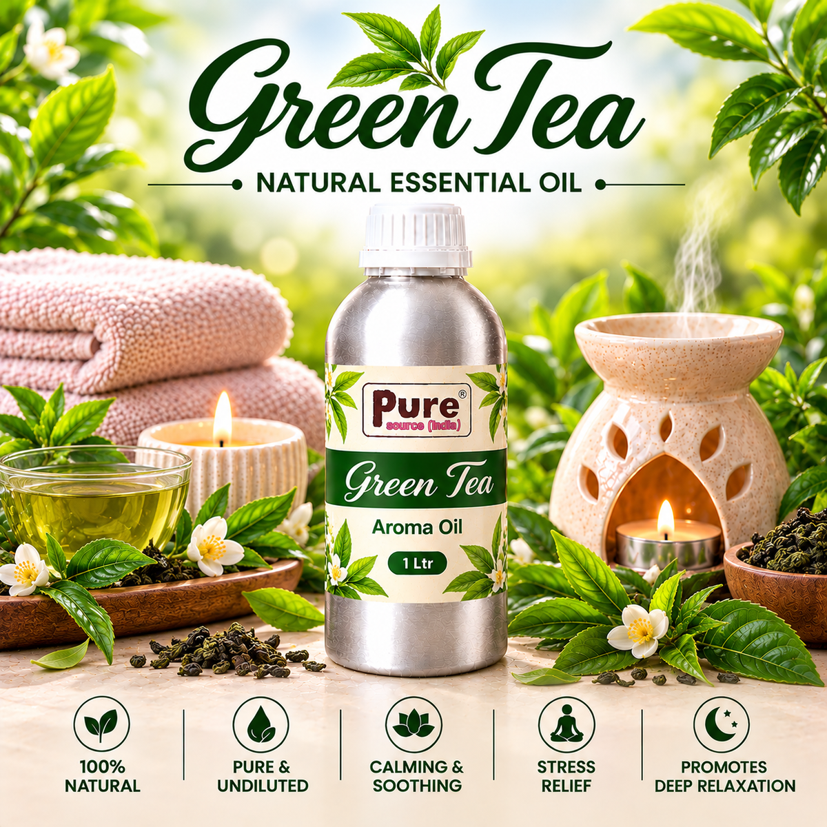 Pure Source India Green Tea Aroma Oil | Premium Fragrance Oil for Diffuser, Aromatherapy, Meditation, Candles, Soap Making, Humidifier & Home Air Freshener