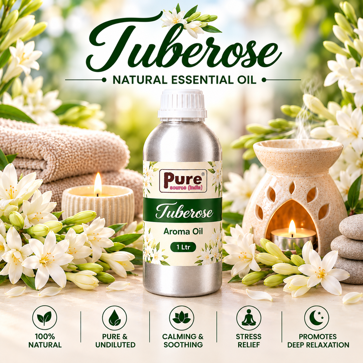 Pure Source India Tuberose Aroma Oil | Premium Fragrance Oil for Diffuser, Aromatherapy, Meditation, Candles, Soap Making, Humidifier & Home Air Freshener