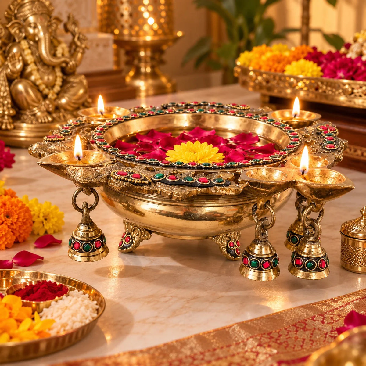 Pure Source India Heavy Brass Urli Bowl with Diya Holders & Hanging Bells, Traditional Indian Decorative Centerpiece, Floating Flower & Candle Bowl, Pooja Home Décor, 26.5 × 24 × 9 cm