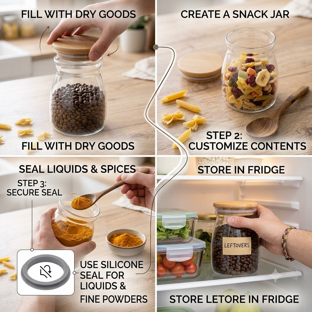 Pure Source India 1000ml 6Inch Borosilicate Glass Bamboo Airtight Lid Jar For Kitchen Storage Flour, Sugar, Cookie & Dry Fruits(Clear)