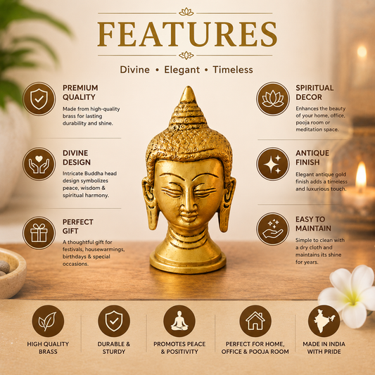 Pure Source India Pure Brass Buddha Face Showpiece/Idol/Murti for Home Decor, Office, Gifting Item (3.7 Inch)