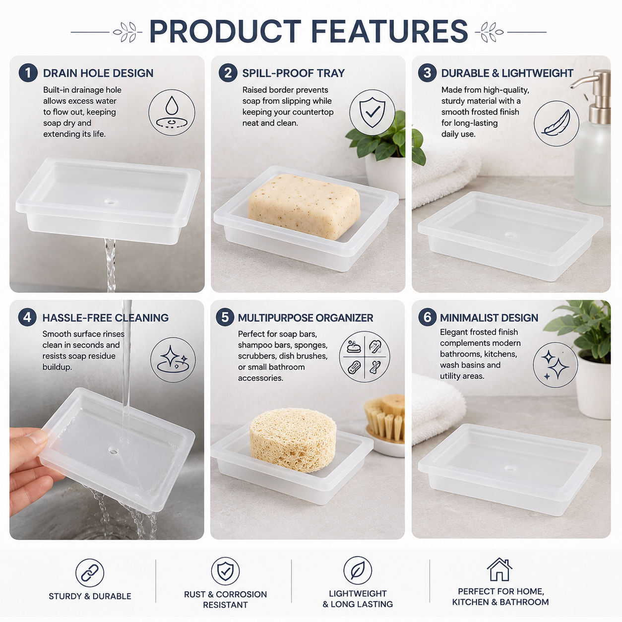 Pure Source India Frosted Clear Square Glass Soap Dish for Bathroom |Soap Holder with Drain | Anti-Slip, Durable & Easy to Clean Soap Tray for Sink, Shower & Kitchen (4.5inch)
