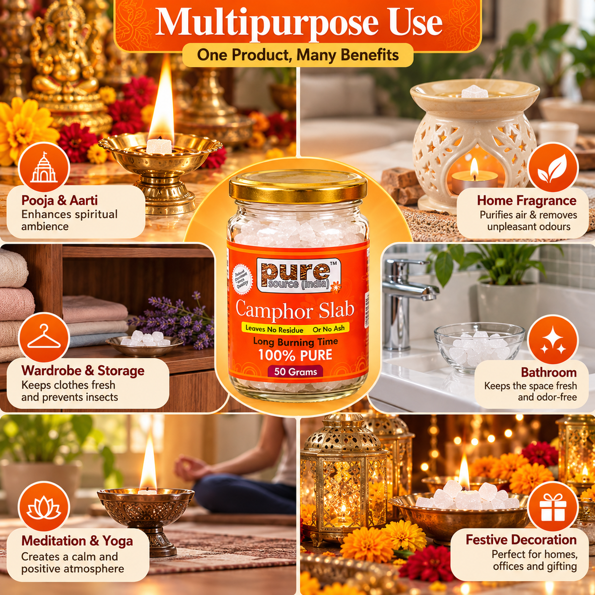 Pure Source India 100% Pure Natural Camphor Slab 50g | Long Burning Camphor for Pooja, Aarti & Home Fragrance