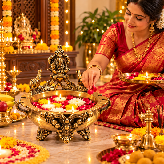 Pure Source India Brass Ganesha Urli Bowl, Heavy Traditional Indian Decorative Centerpiece, Floating Flower & Candle Bowl, Pooja & Home Décor, 19.5 × 20 × 15.5 cm