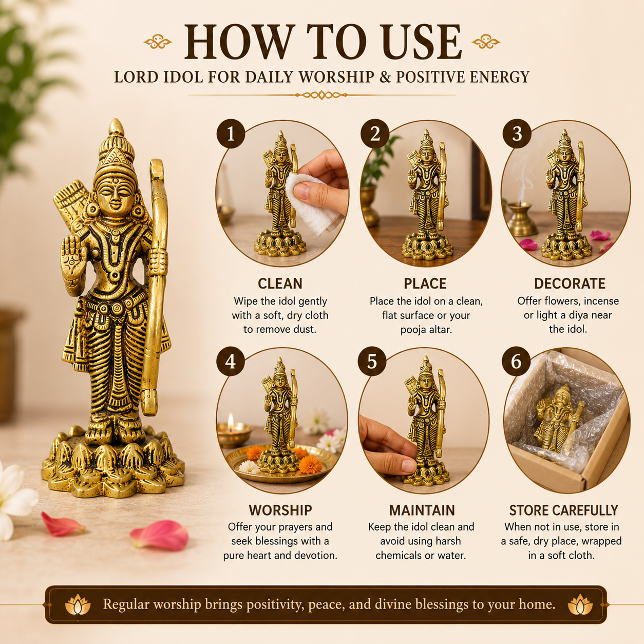 Pure Source India Pure Brass Lord Shree Ram Idol | Ayodhya Ram Murti for Home Decor & Mandir (5.5 Inch) (384 gm)