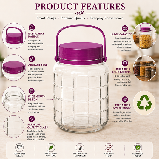 Pure Source India 3 Kg Glass Jar Container With Purple Lid Handle