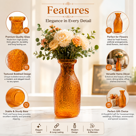 Pure Source India Elegant Orange Textured Glass Flower Vase – Decorative Bubbled Design, Modern Home Décor Accent, Table Centerpiece