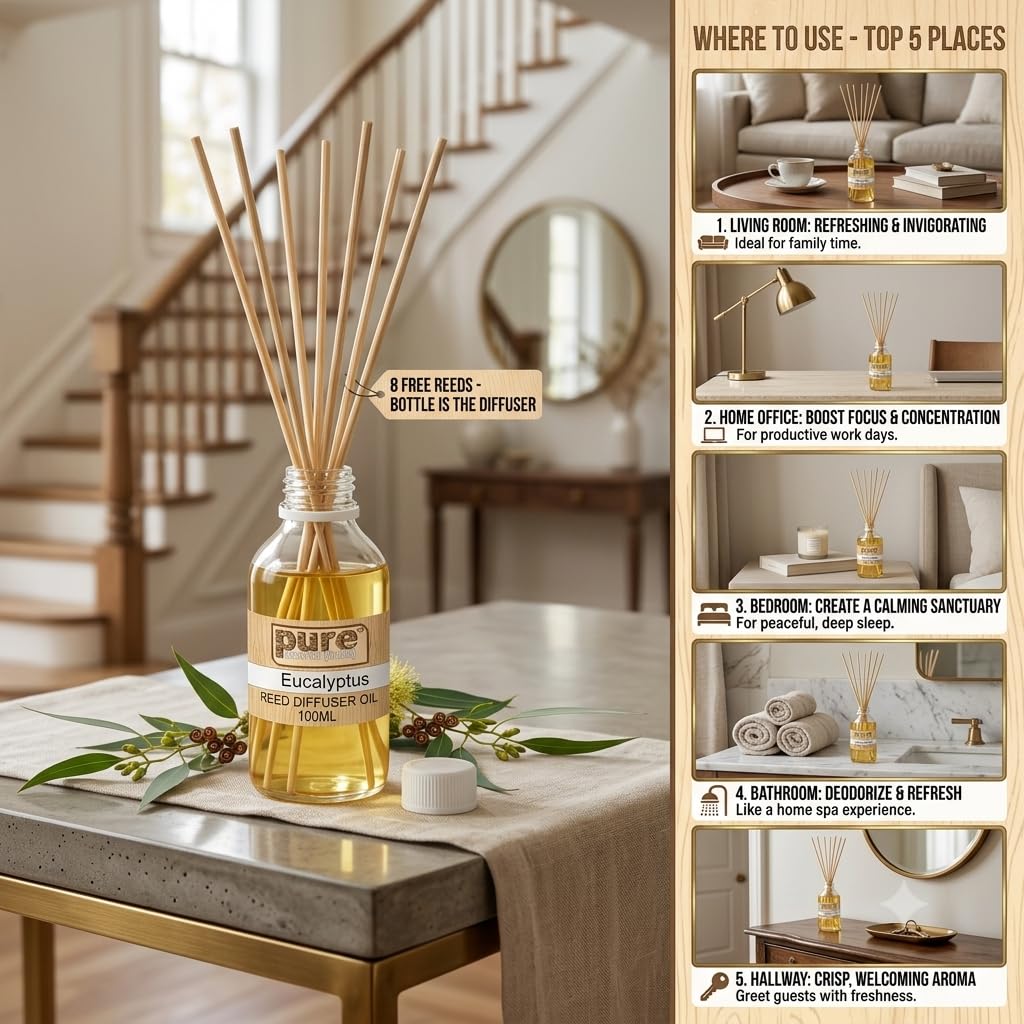 Pure Source India 100ML Eucalyptus Aroma Reed Diffuser Refill , 8 Pcs Reed Stick Coming Free With This Reed Diffuser Oil