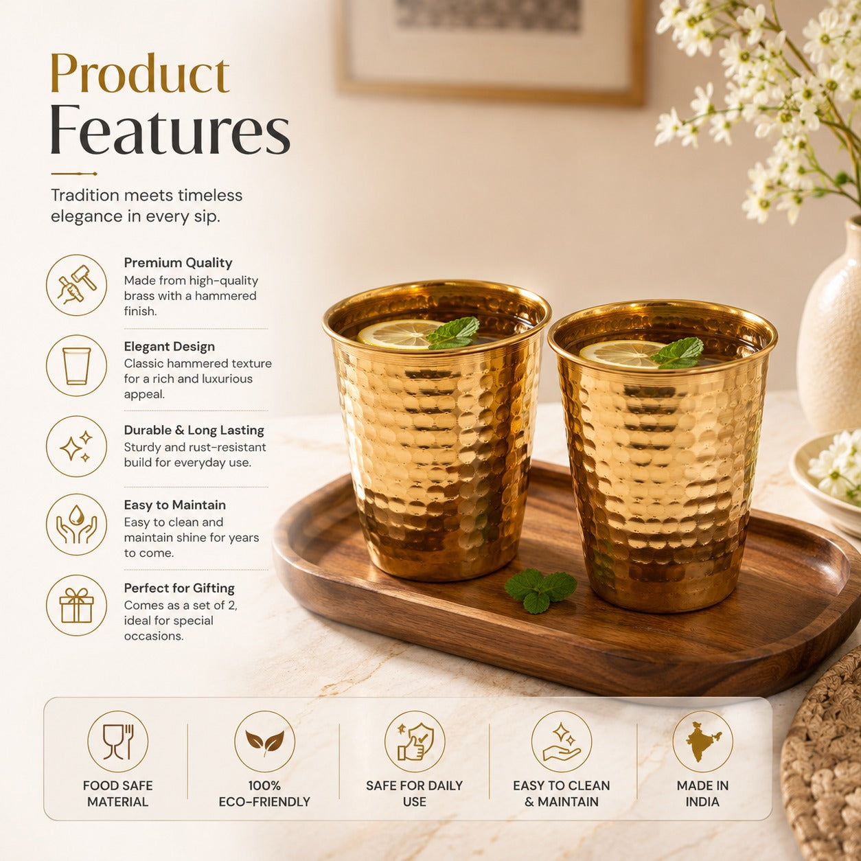 Pure Source India Pure Brass Lassi Glass Tumbler Set of 2, 250 ML Dotted Design Brass Drinking Glass | Traditional Indian Drinkware for Lassi, Water, Juice, Home, Kitchen & Gifting
