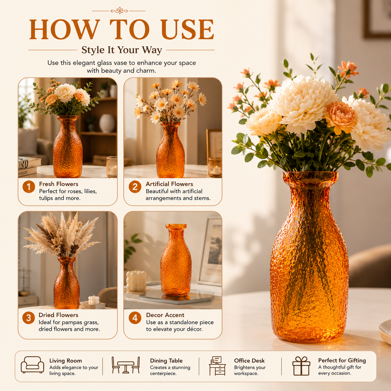 Pure Source India Elegant Orange Textured Glass Flower Vase – Decorative Bubbled Design, Modern Home Décor Accent, Table Centerpiece