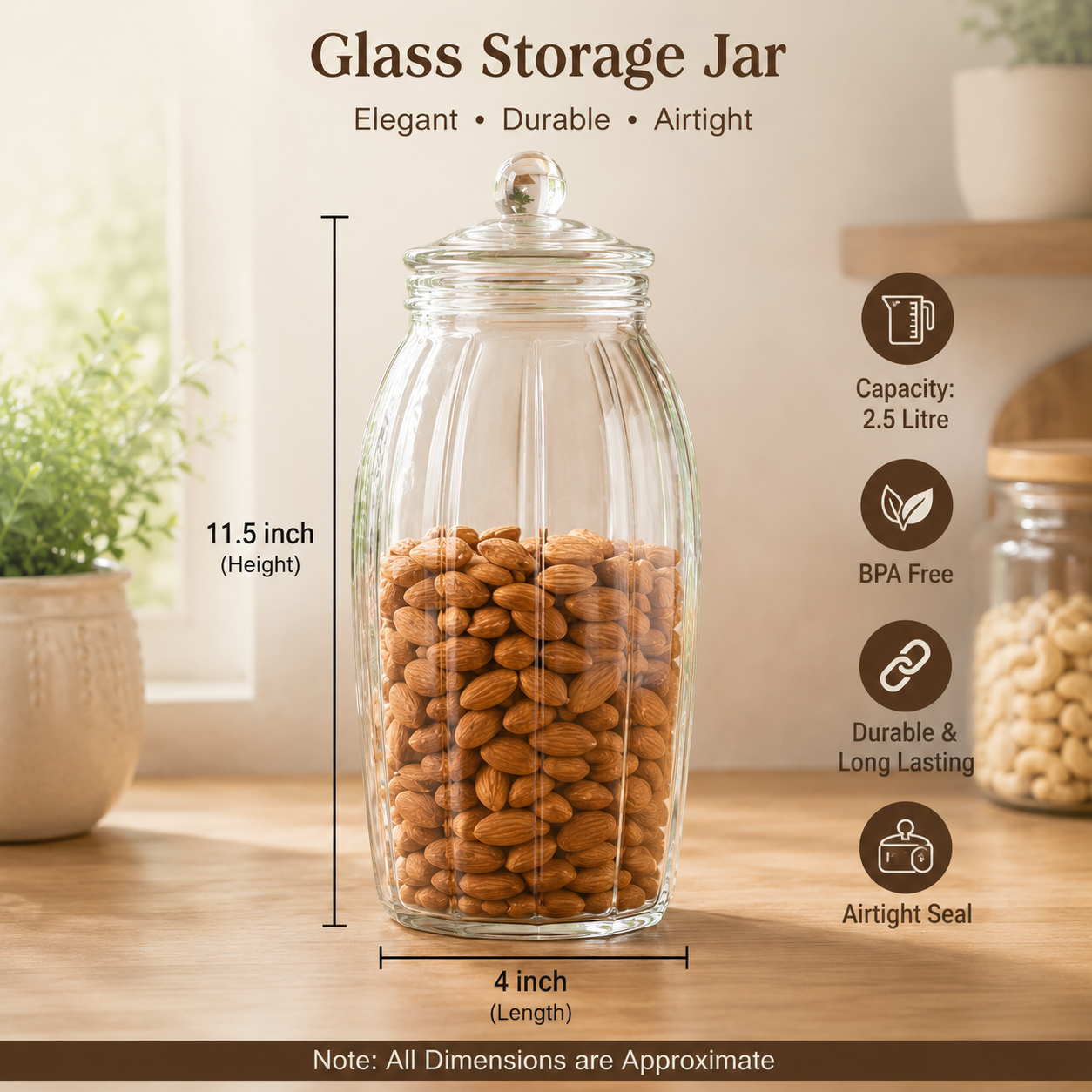 Pure Source India (2.5L) (Height-29cm) Hexagon Glass Jar with Airtight Lid for Food Storage Spices/Dry Fruits/Pulses/Cookies
