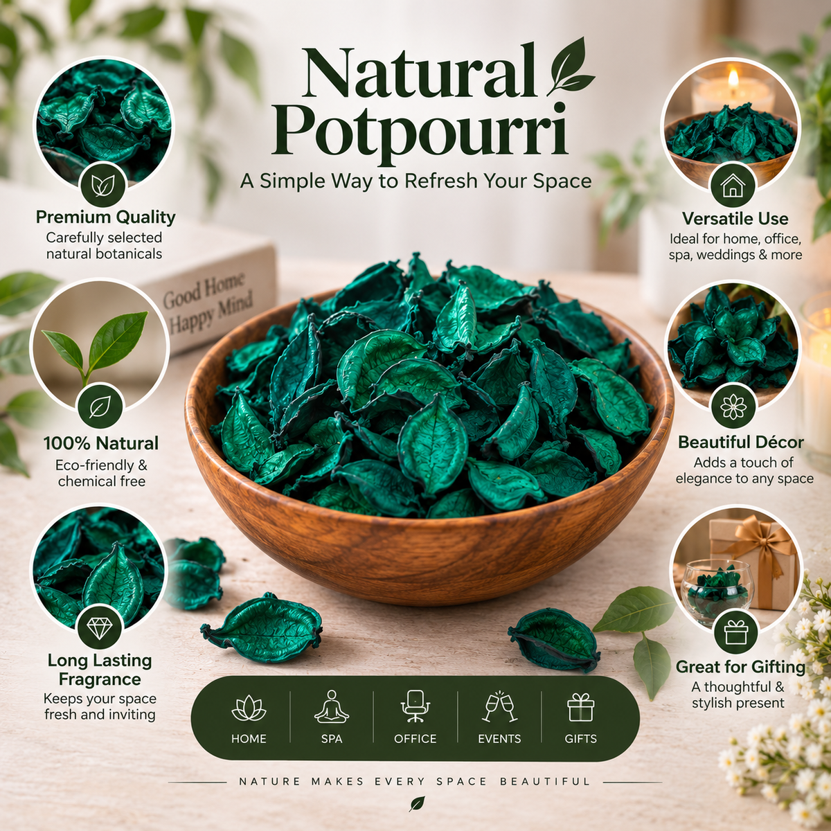 Pure Source India Green Unscented Potpourri – Natural Dried Flower for Home Décor, Wedding Table Styling, DIY Crafts & Essential Oil Blending