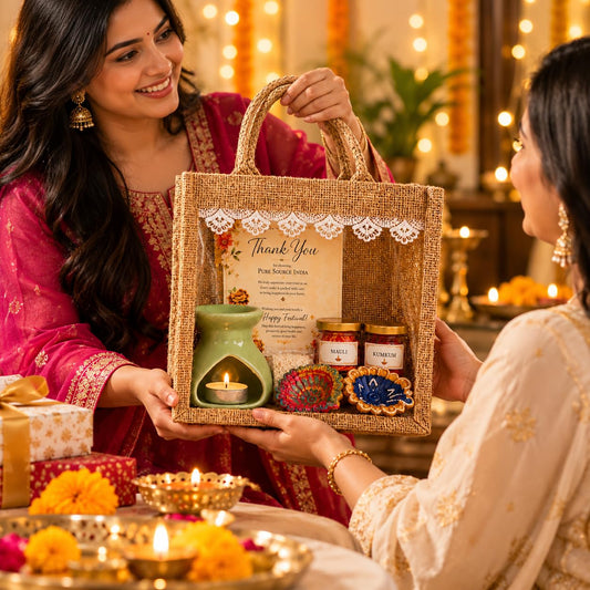 Pure Source India Diwali Pooja Gift Set with Roli Kumkum & Ghee Wicks (Green)