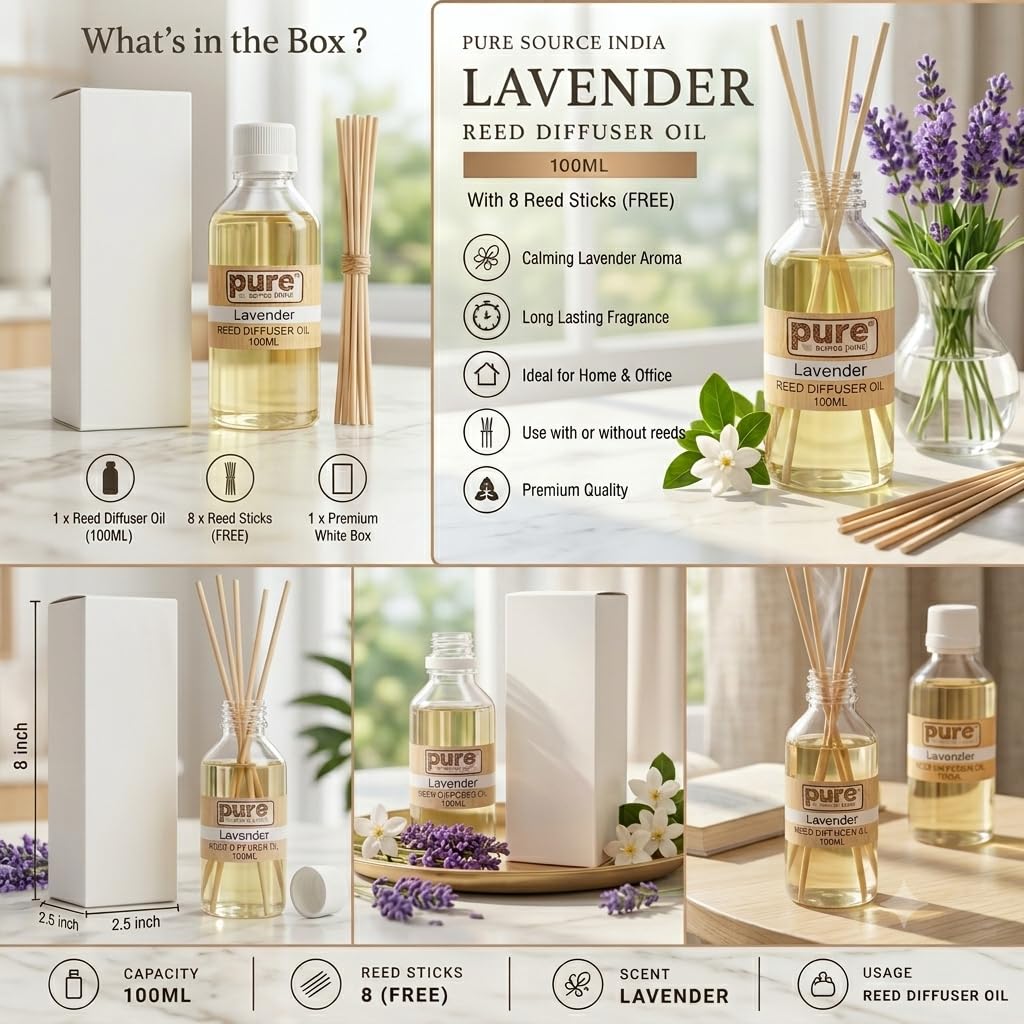 Pure Source India 100ML Lavender Aroma Reed Diffuser Refill , 8 Pcs Reed Stick Coming Free With This Reed Diffuser Oil