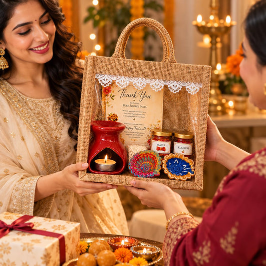 Pure Source India Diwali Pooja Gift Set with Roli Kumkum & Ghee Wicks Complete Diwali pooja and gifting combo (Red)