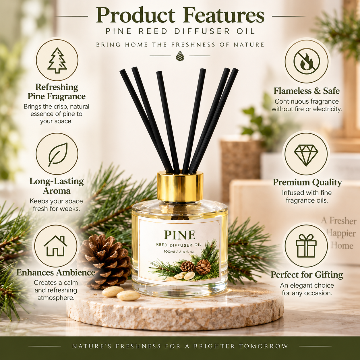 Pure Source India Pine Reed Diffuser Oil Set 100ml With 6 Rattan Reed Sticks – Premium Aromatherapy Home Fragrance with Glass Bottle |Air Freshener for Home, Bedroom & Office | Ideal for Gifting