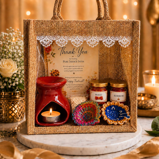 Pure Source India Diwali Pooja Gift Set with Roli Kumkum & Ghee Wicks Complete Diwali pooja and gifting combo (Red)
