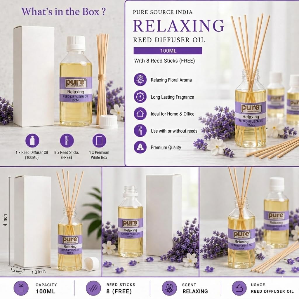 Pure Source India 100ML Relaxing Aroma Reed Diffuser Refill , 8 Pcs Reed Stick Coming Free With This Reed Diffuser Oil