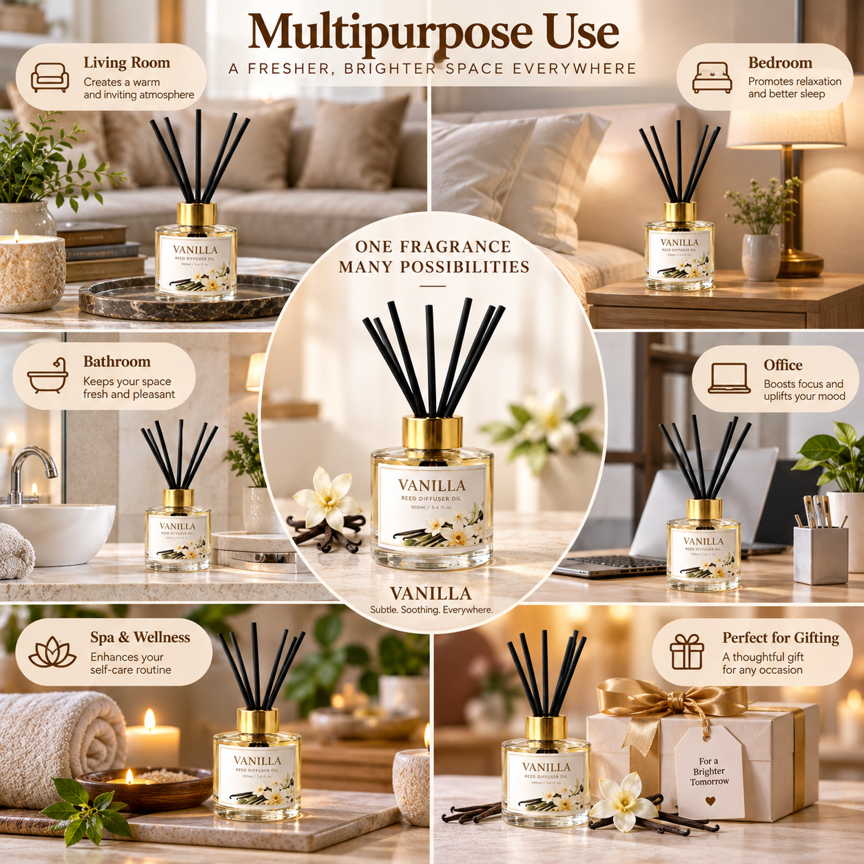 Pure Source India Vanilla Reed Diffuser Oil Set 100ml With 6 Rattan Reed Sticks – Premium Aromatherapy Home Fragrance with Glass Bottle |Air Freshener for Home, Bedroom & Office | Ideal for Gifting
