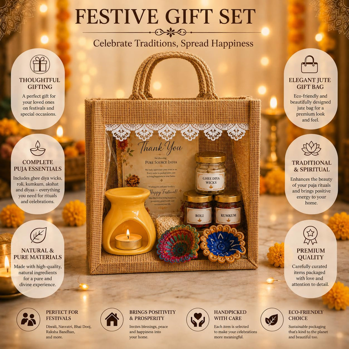Pure Source India Diwali Pooja Gift Set with Roli Kumkum & Ghee Wicks Complete Diwali pooja and gifting combo (Yellow)