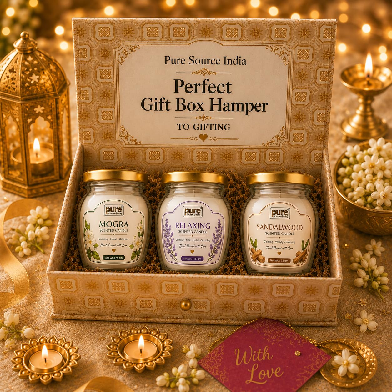 Pure Source India Scented Candle Gift Set of 3 | Mogra, Relaxing, Sandalwood | 75g Each | Fragrance Candles for Home, Living Room & Gifting (Copy)