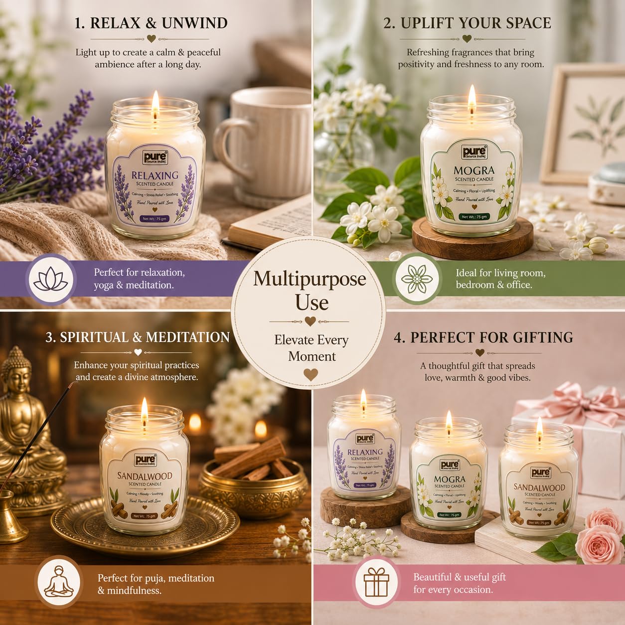 Pure Source India Scented Candle Gift Set of 3 | Mogra, Relaxing, Sandalwood | 75g Each | Fragrance Candles for Home, Living Room & Gifting (Copy)