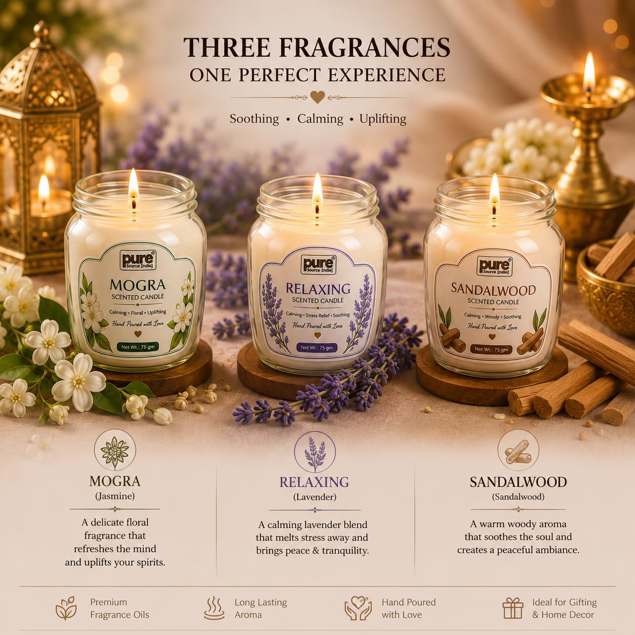 Pure Source India Scented Candle Gift Set of 3 | Mogra, Relaxing, Sandalwood | 75g Each | Fragrance Candles for Home, Living Room & Gifting (Copy)