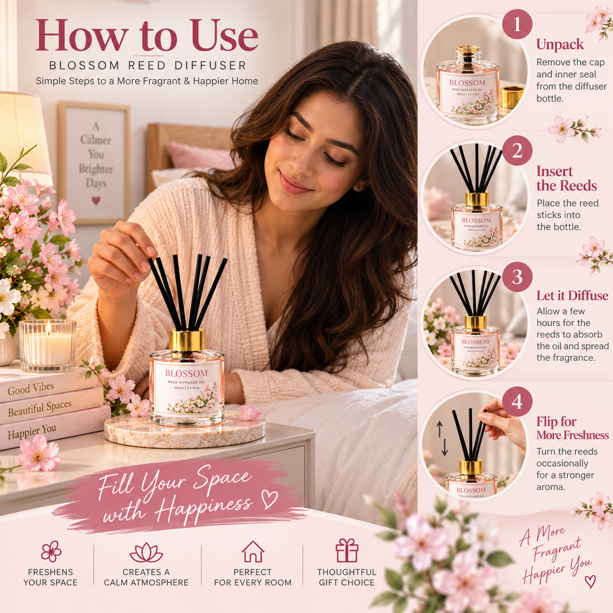 Pure Source India Blossom Reed Diffuser Oil Set 100ml With  6 Rattan Reed Sticks – Premium Aromatherapy Home Fragrance with Glass Bottle |Air Freshener for Home, Bedroom & Office | Ideal for Gifting