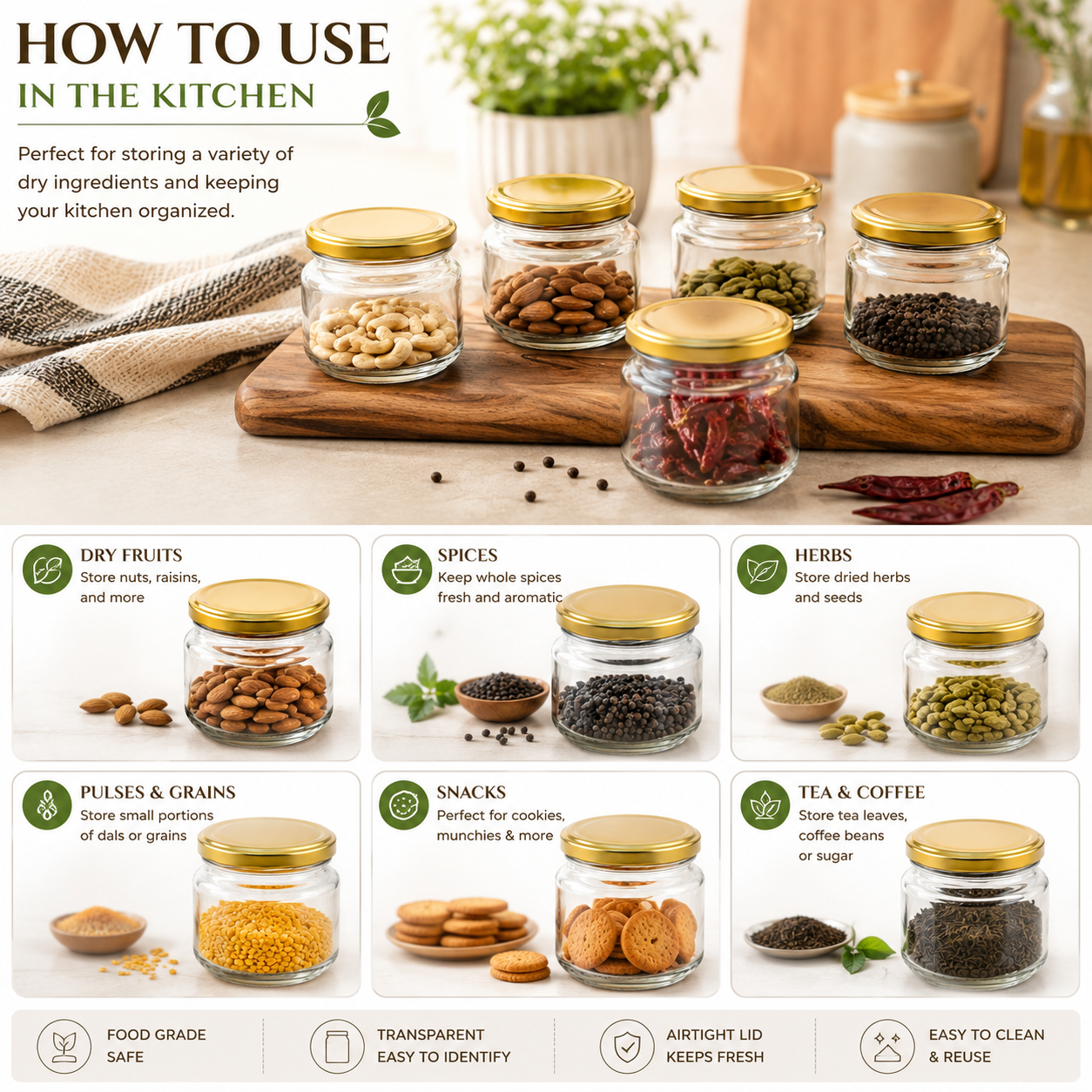 Pure Source India 150Gm Round Glass Container with Airtight and Rust-free Metal Lid - Led Free and Food Safe Jar