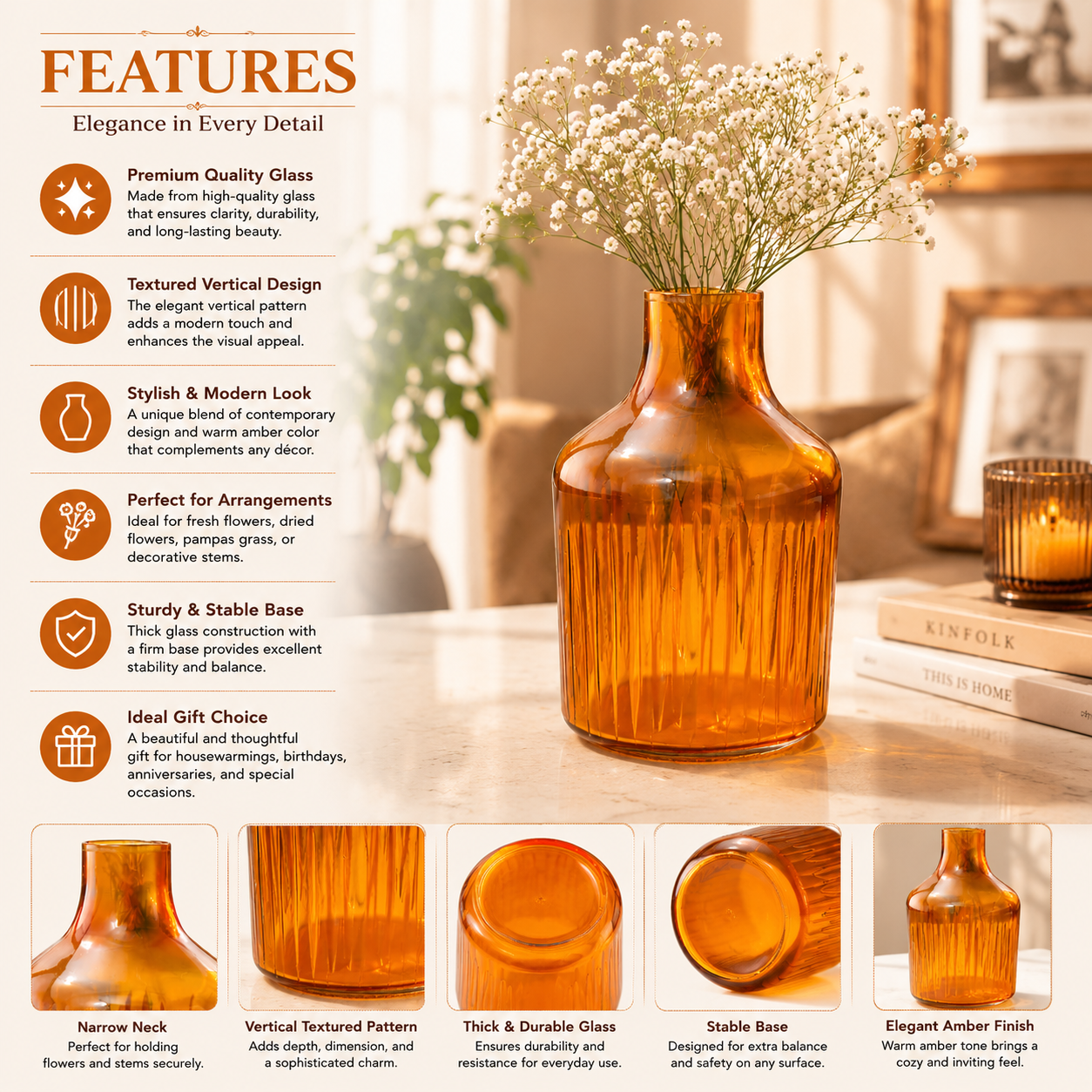 Pure Source India Amber Glass Flower Vase – 9 Inch Decorative Ribbed Bottle Vase for Home Decor, Modern Centerpiece for Living Room, Dining Table & Office