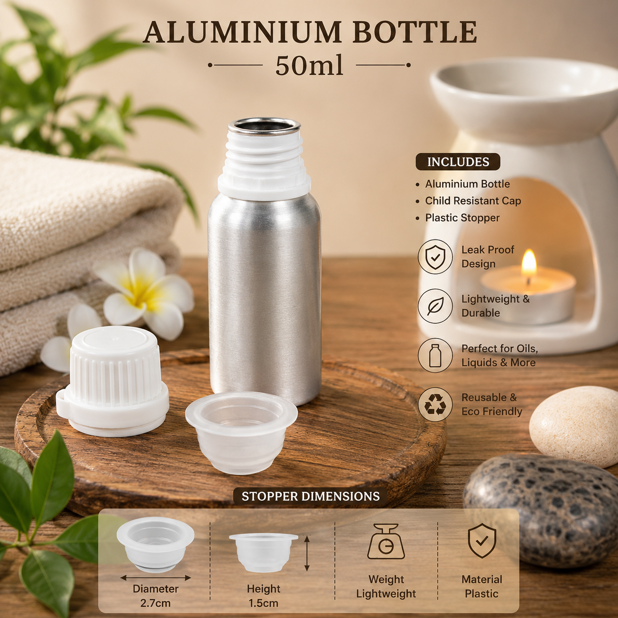 Pure Source India Aluminum Empty Bottle 50ml with Inner Lid & Cap – Ideal for Essential Oils, Oil Blends, Cosmetics and Liquid Storage (Pack of 1)
