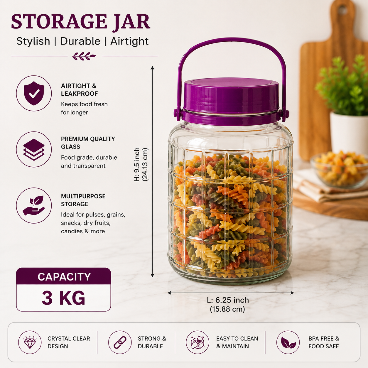 Pure Source India 3 Kg Glass Jar Container With Purple Lid Handle
