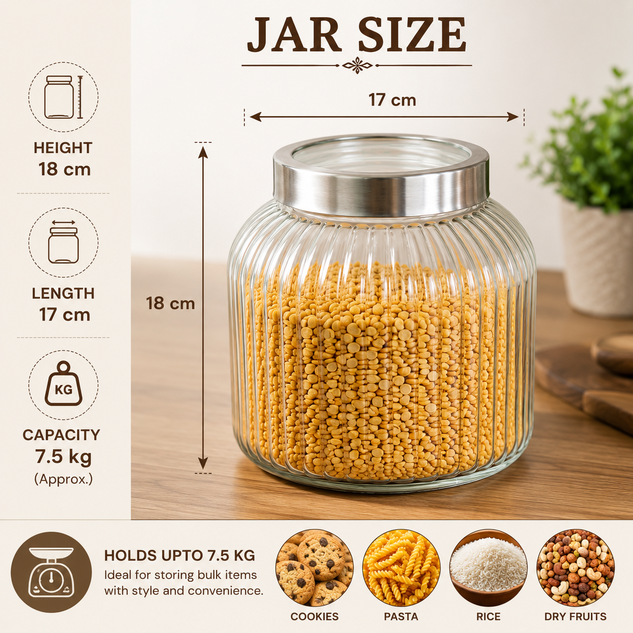 Pure Source India 7.5 Litre Ribbed Glass Storage Jar with Stainless Steel Lid | Airtight Food Grade Glass Canister | Kitchen Pantry Container for Cookies, Cereals, Rice, Flour, Pasta, Dry Fruits & Snacks