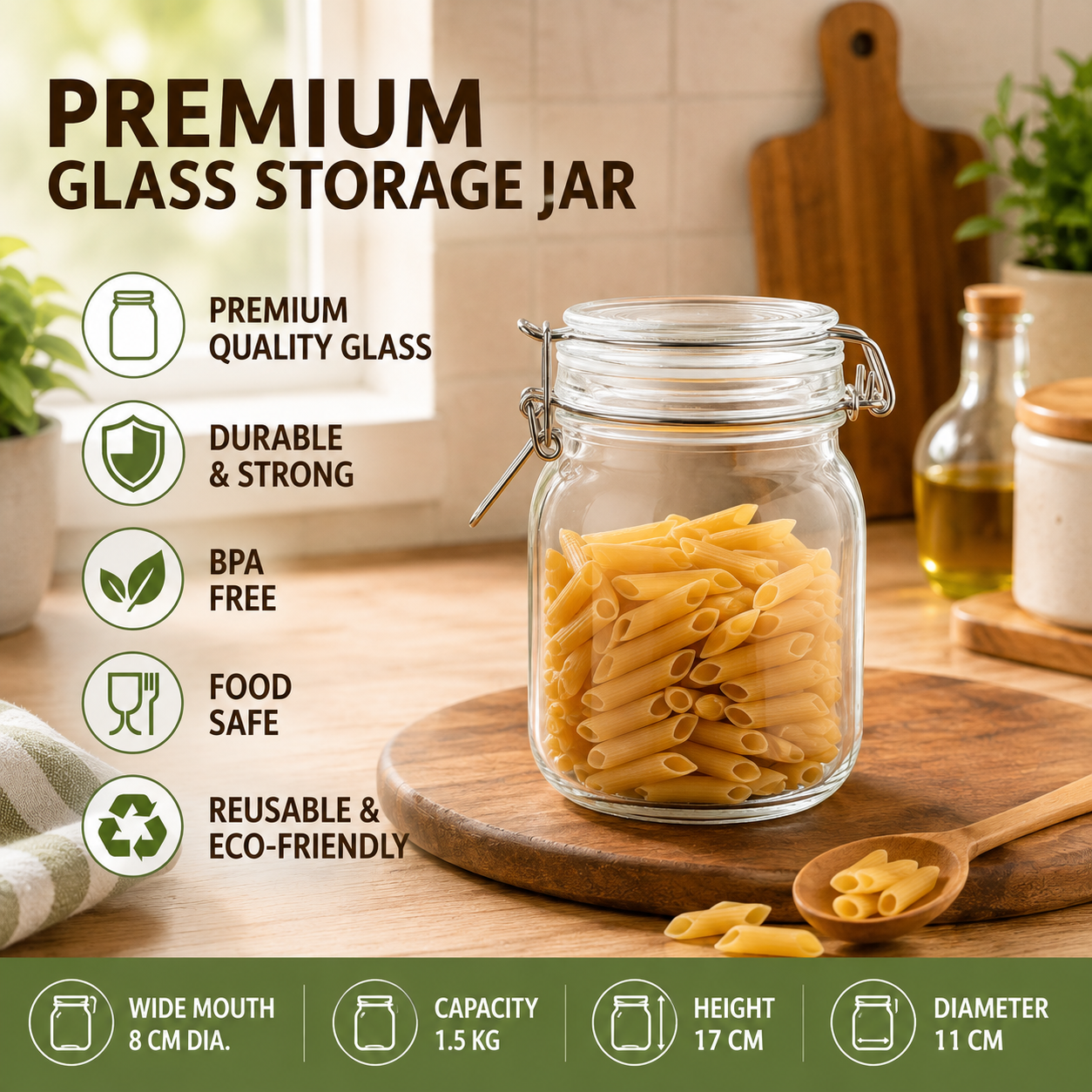 Pure Source India Still Clamp Lock Glass Storage Jar, 1 LTR,Clear