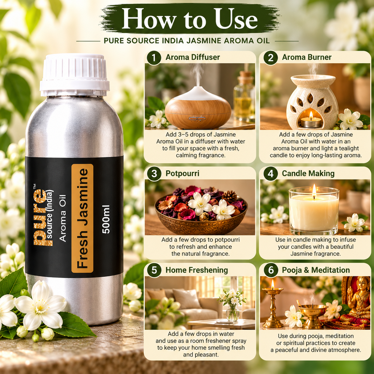 Pure Source India Fresh Jasmine Aroma Oil, 500ml | Concentrated Fragrance Oil for Candle Making, Aroma Burners, Potpourri & Home Fragrance