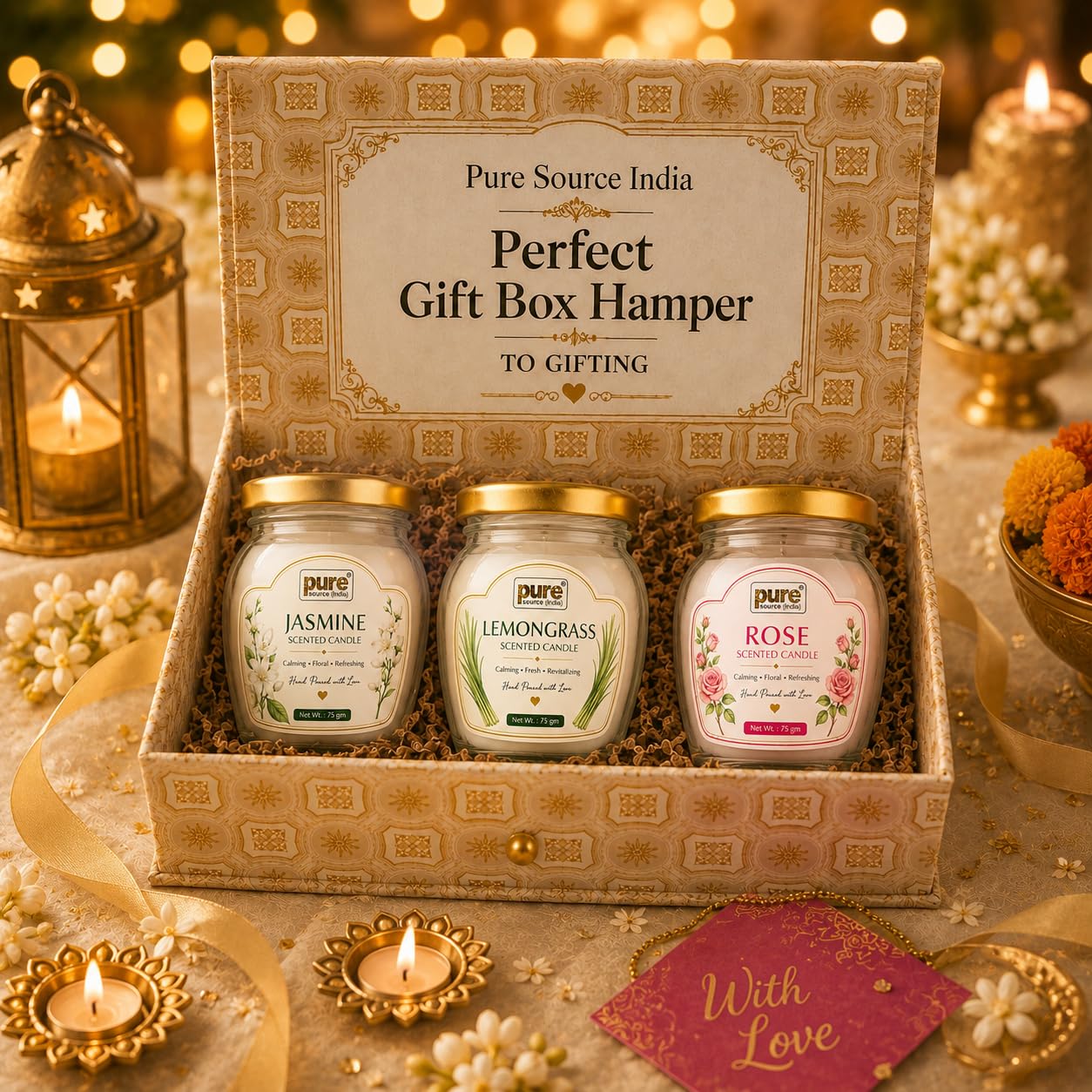 Pure Source India Scented Candle Gift Set of 3 | Jasmine, Lemongrass, Rose | 75g Each | Fragrance Candles for Home, Living Room & Gifting (Copy)