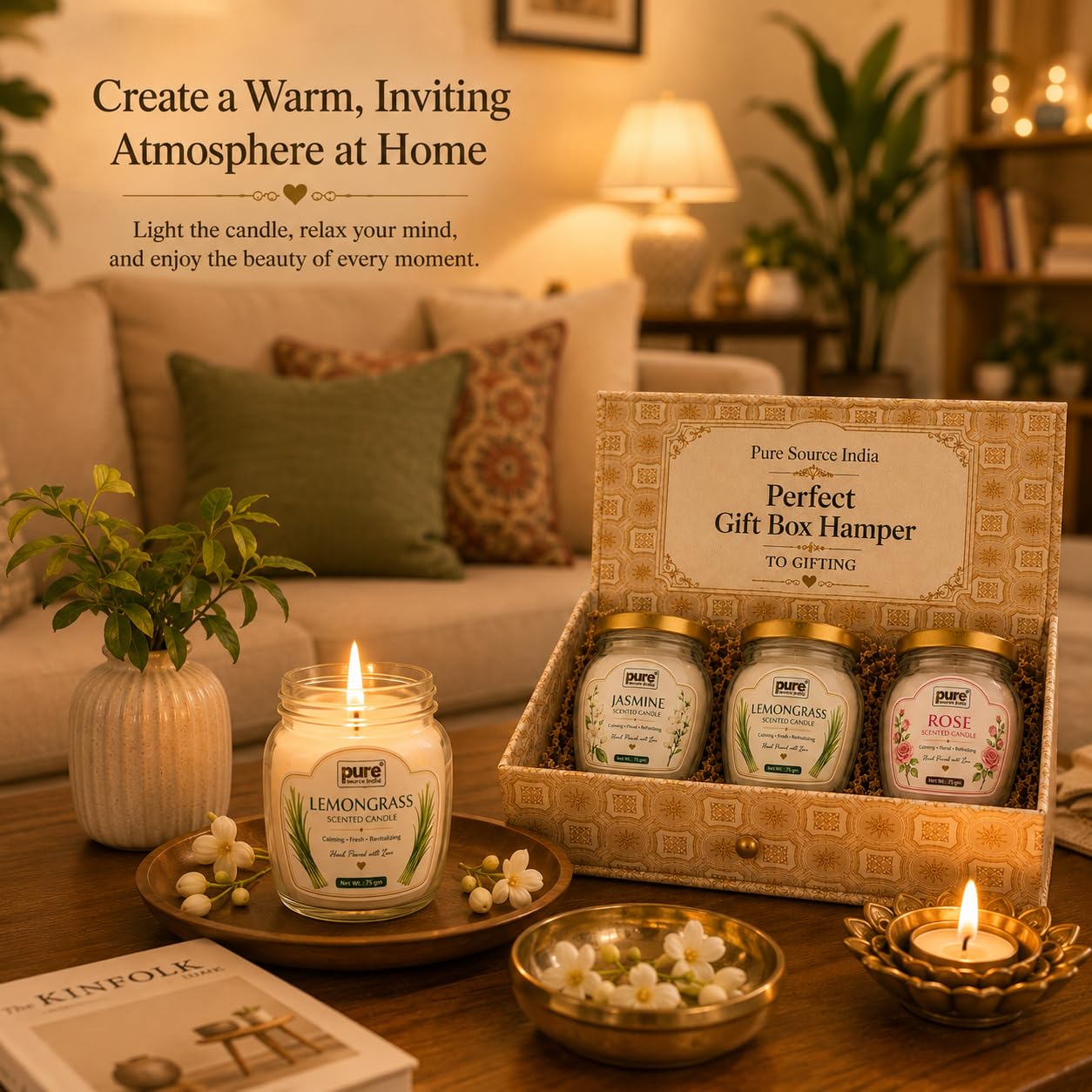 Pure Source India Scented Candle Gift Set of 3 | Jasmine, Lemongrass, Rose | 75g Each | Fragrance Candles for Home, Living Room & Gifting (Copy)