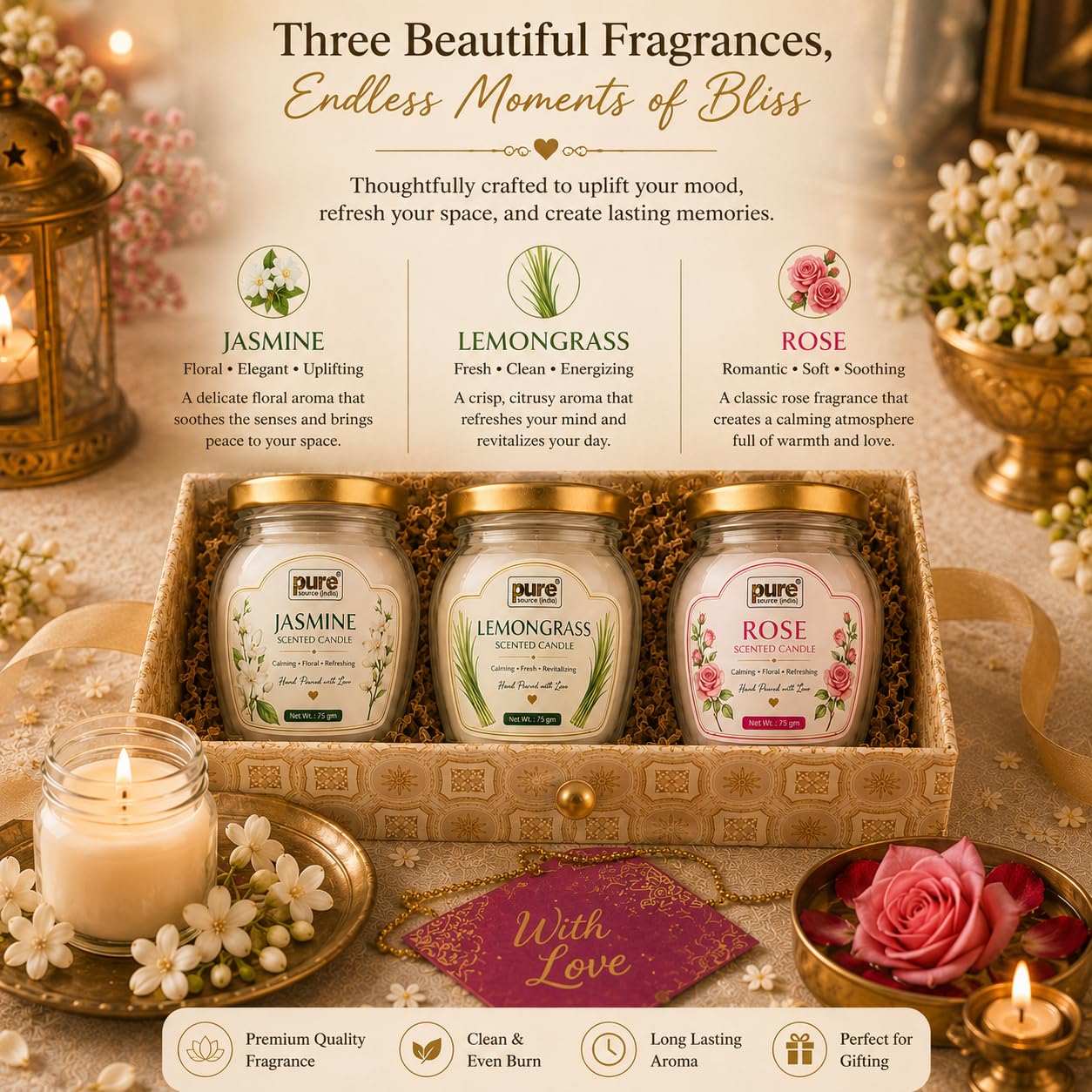 Pure Source India Scented Candle Gift Set of 3 | Jasmine, Lemongrass, Rose | 75g Each | Fragrance Candles for Home, Living Room & Gifting (Copy)
