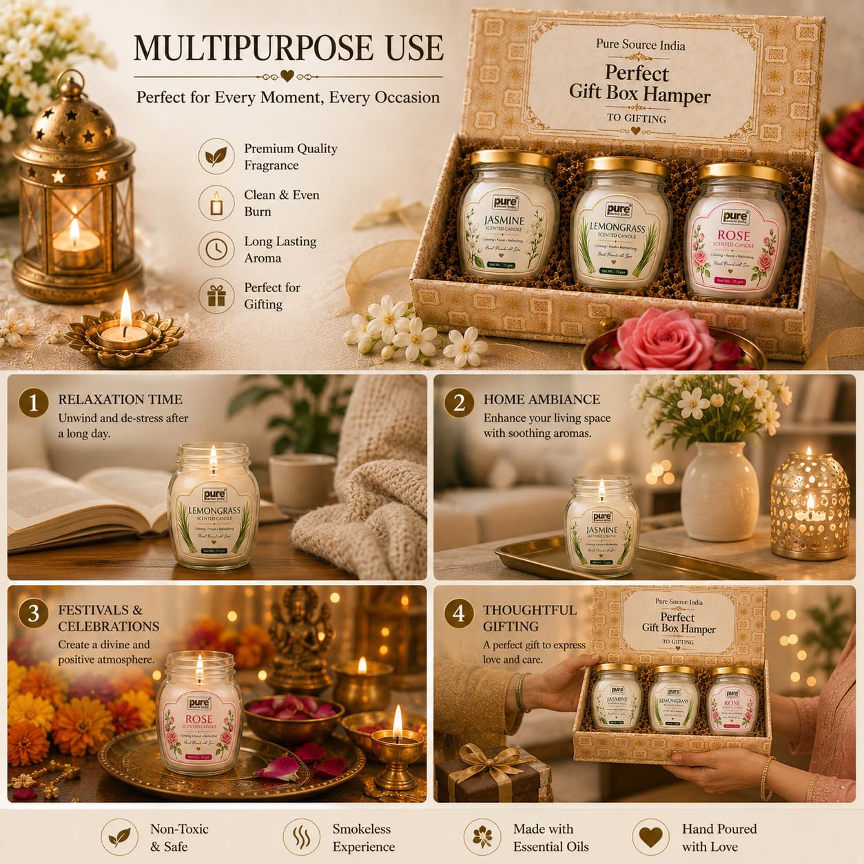 Pure Source India Scented Candle Gift Set of 3 | Jasmine, Lemongrass, Rose | 75g Each | Fragrance Candles for Home, Living Room & Gifting (Copy)
