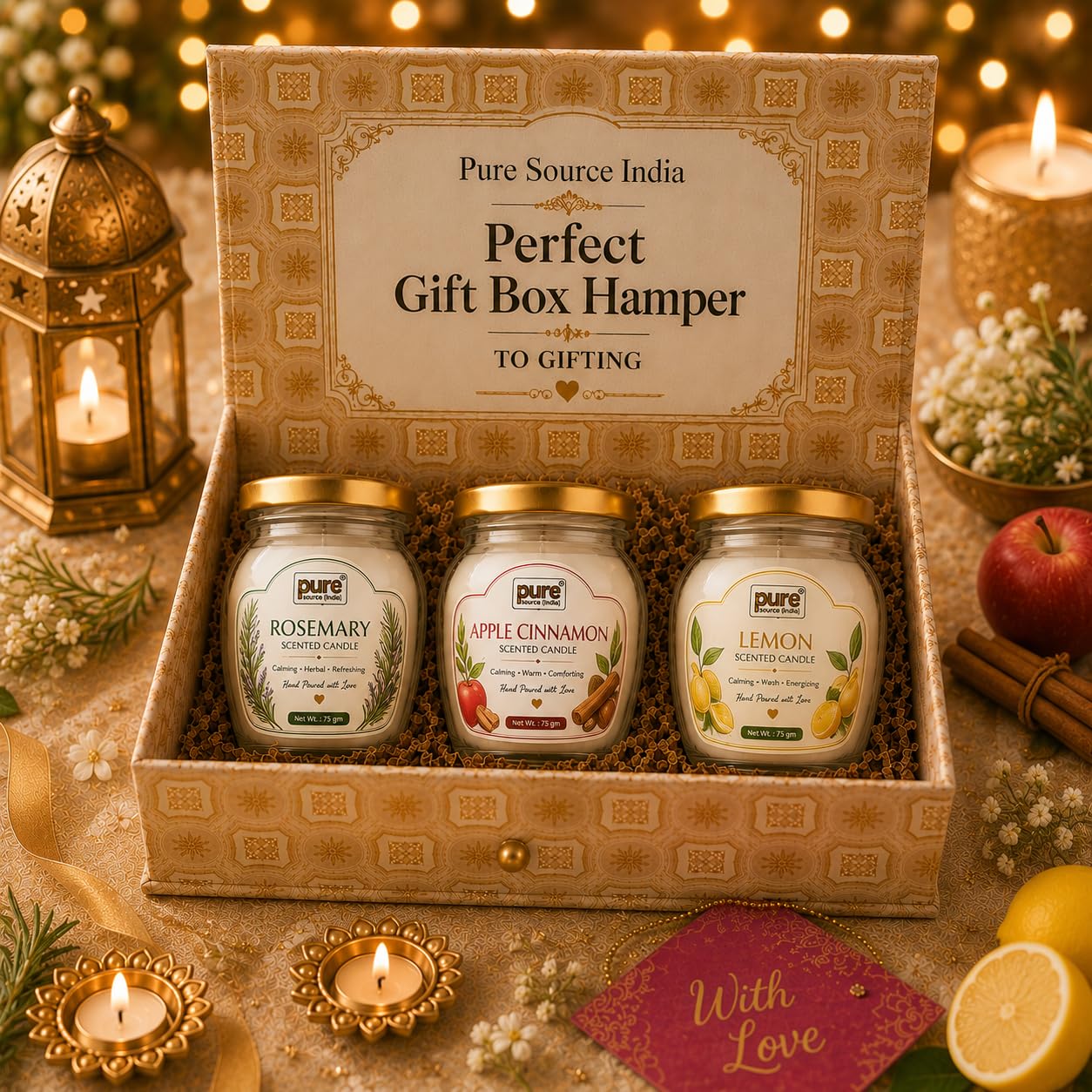 Pure Source India Scented Candle Gift Set of 3 | Rosemary, Apple cinnamon, Lemon | 75g Each | Fragrance Candles for Home, Living Room & Gifting (Copy)