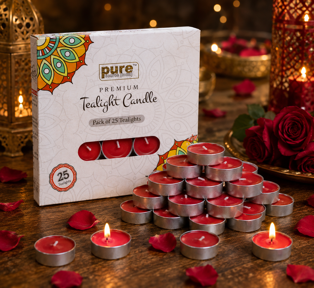 Pure Source India Scented Rose Tea Light Candles Pack of 25 | Fragrance Tealights for Home Decor, Meditation, Pooja, Diwali, Parties & Aromatherapy | Long-Lasting Decorative Candles